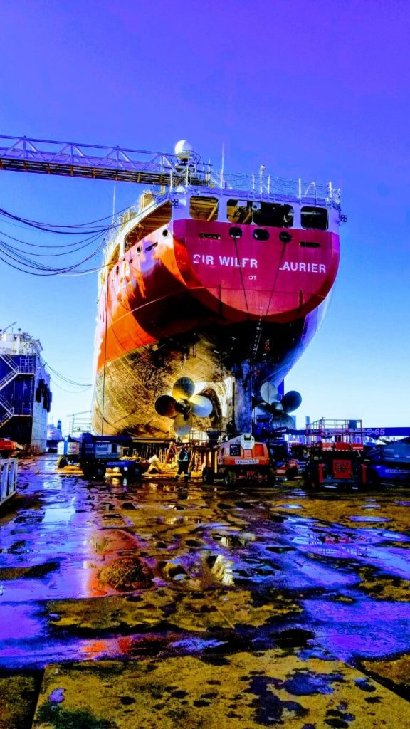 Canadian Coast Guard vessel on land for refit